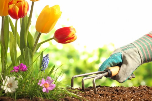 Team member operating garden equipment with care in a managed area